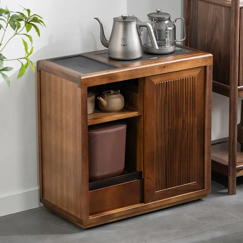 新中式茶水柜实木核桃木茶水台茶桌边柜侧柜边几茶室烧水壶一体柜