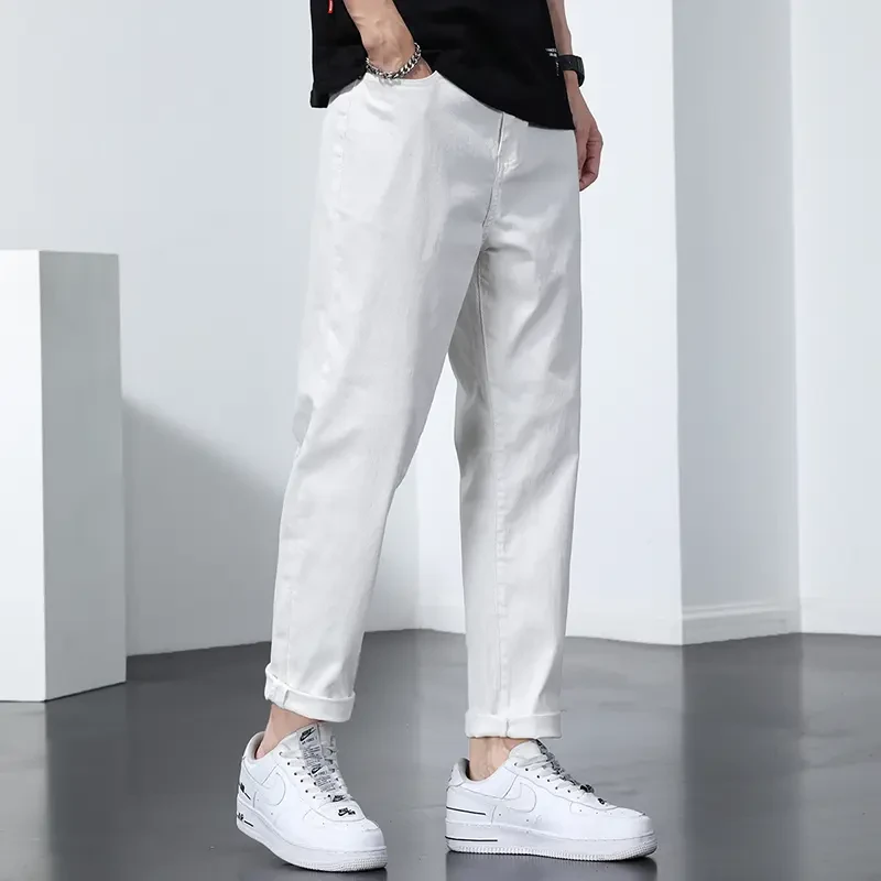 男士白色牛仔裤男夏季薄款宽松直筒休闲裤弹力水洗九分裤男百搭