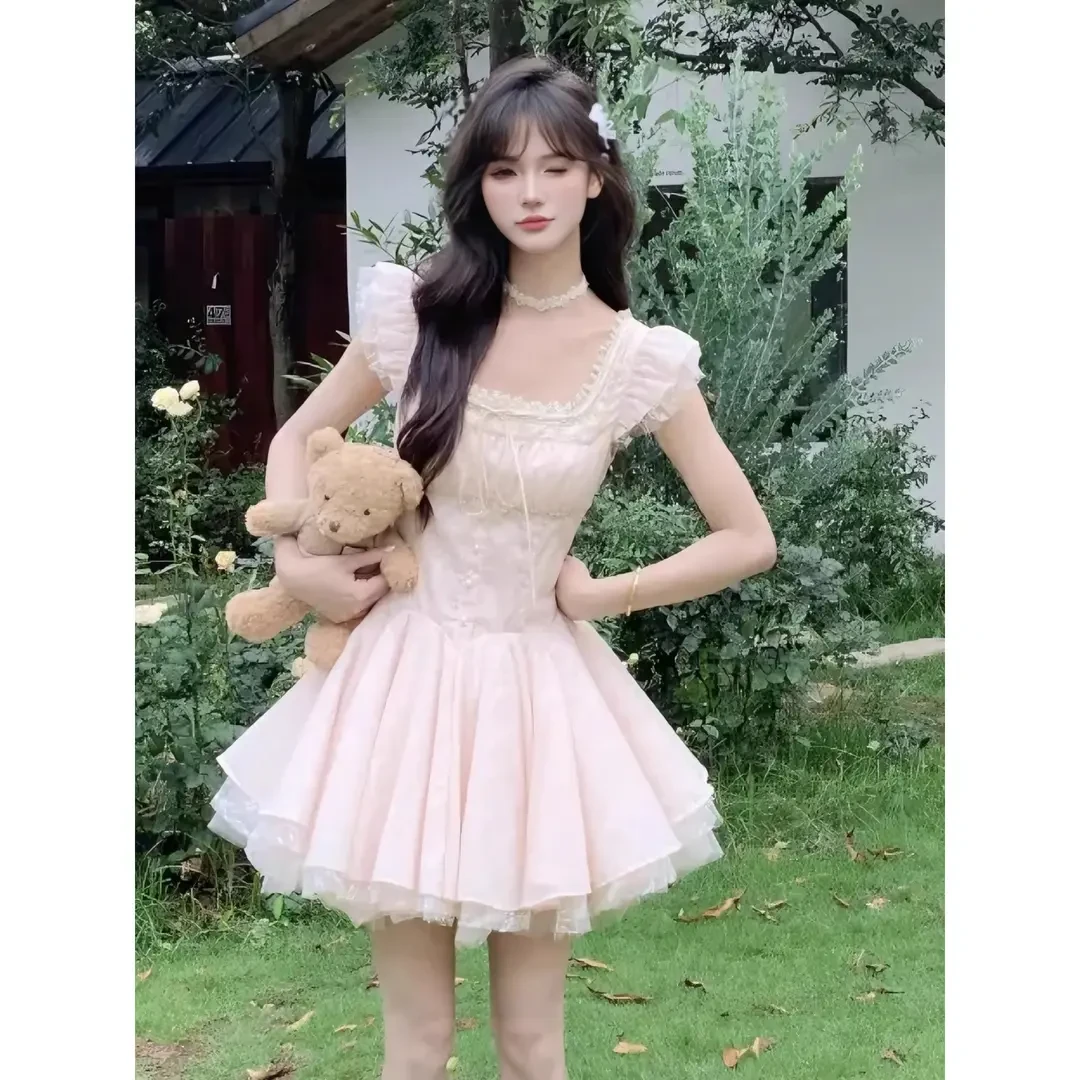 吉吉专属miu系千金感粉色网纱连衣裙在逃公主高级感收腰蓬蓬裙