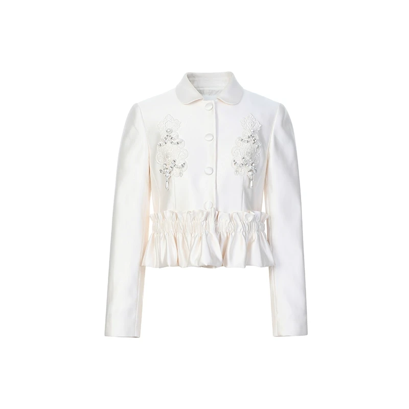 LeFame/拉飞姆2025年春维多利亚钉珠装饰缎面短外套