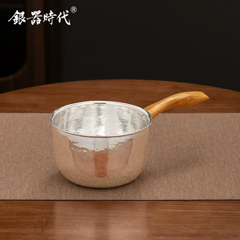 足银木质银制品 奶锅婴儿宝宝辅食足银999平锅家用煮面泡面银汤锅
