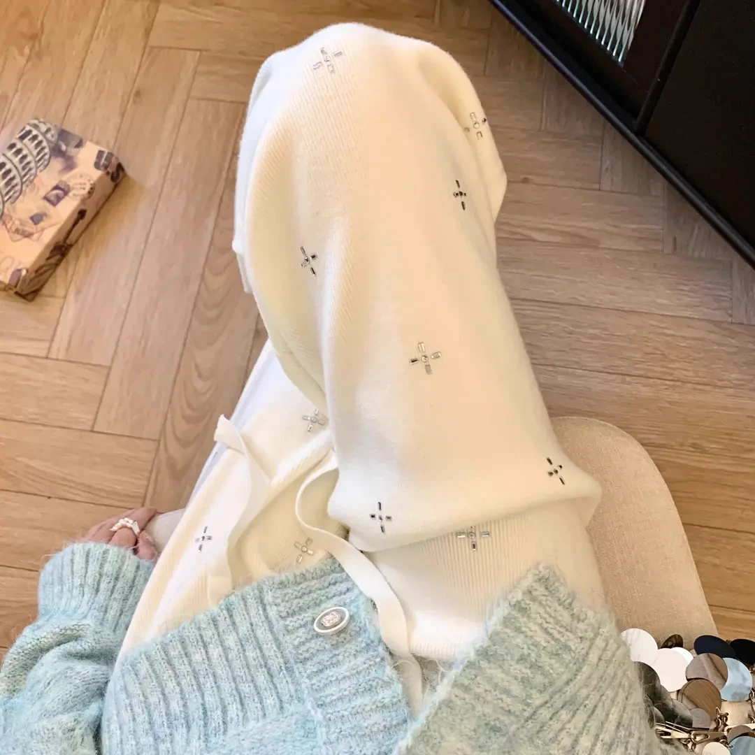 女秋冬直筒休闲裤高腰显瘦重工烫钻白色针织裤女宽松垂感阔腿裤女