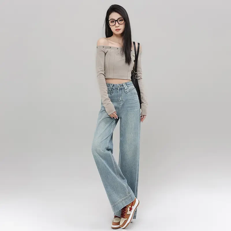 EAEOVNI春款时尚高腰阔腿牛仔裤宽松垂感显瘦拖地直筒长裤6069