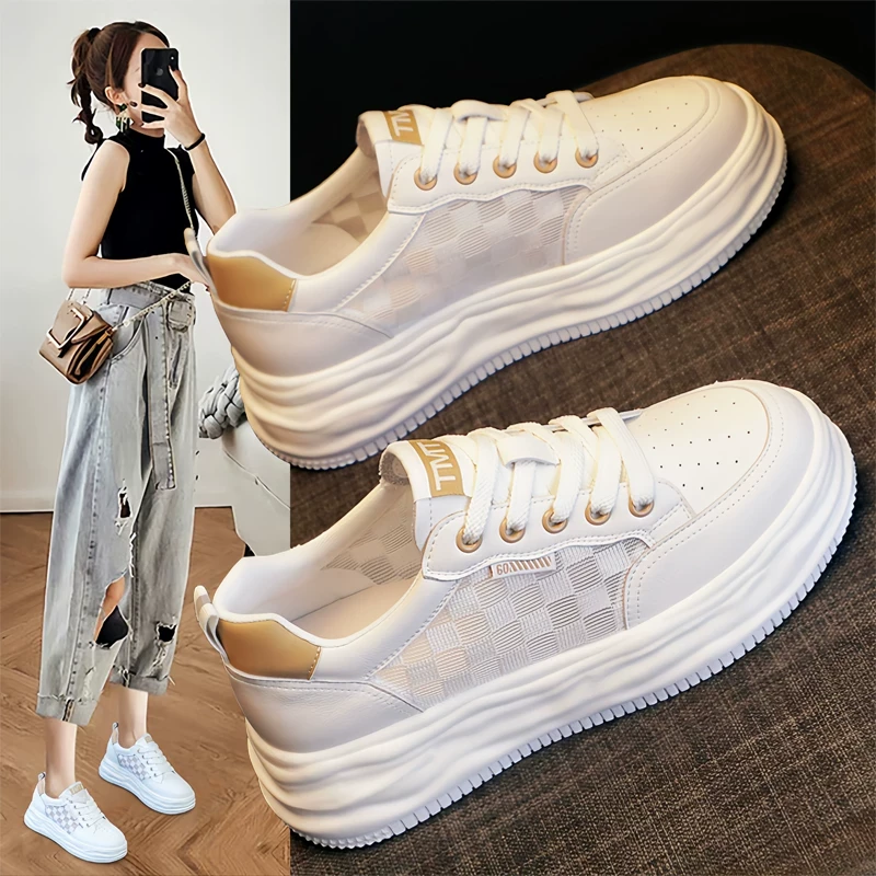 万达撤柜真皮2025夏季款透气网鞋内增高6cm休闲运动板鞋小白鞋女i