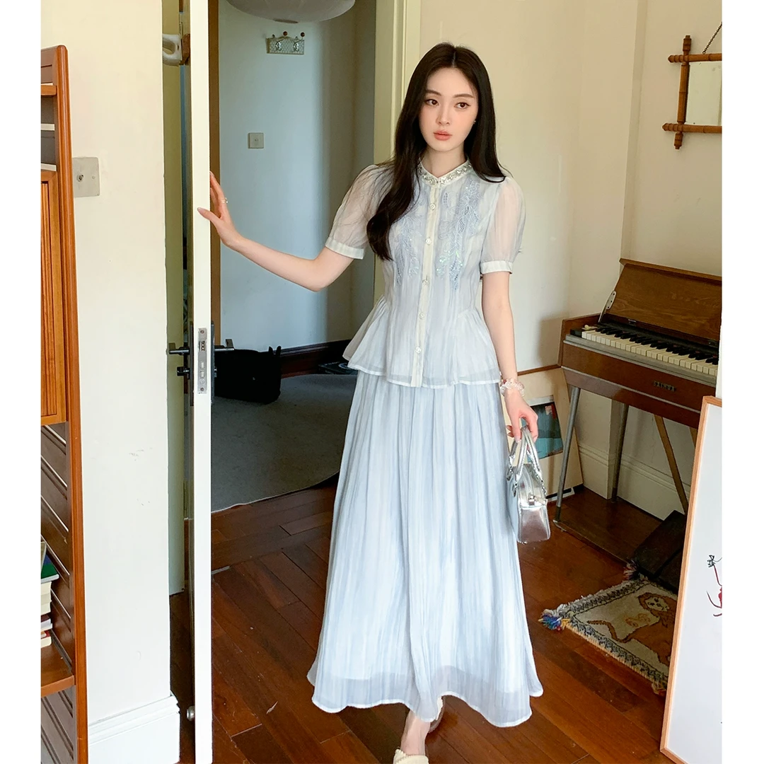 GERTCOREL2025新款夏季法式设计感浅蓝色衬衫上衣长裙减龄套装女