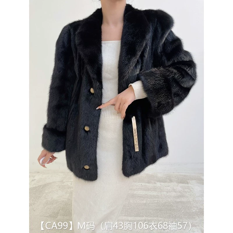 【CA99】M码 纯黑色全抽短款貂皮大衣皮草外套 翻领挽袖