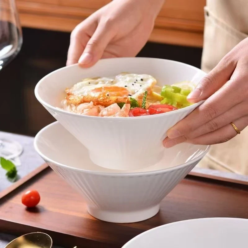 7英寸4只简约纯白竖纹大号陶瓷斗碗拌面家用大汤碗餐具