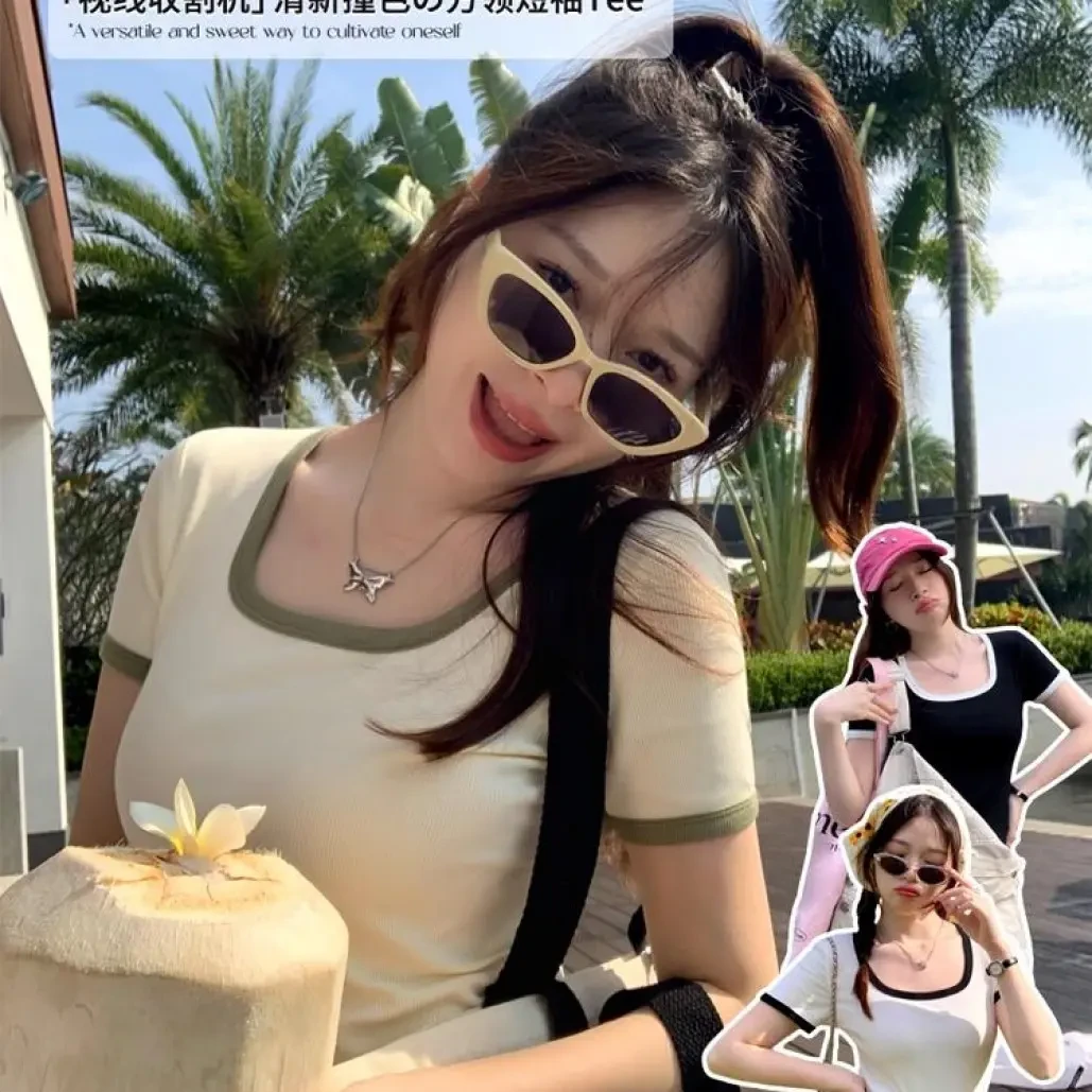 【运费险】方领短袖t恤女夏季爆款设计感修身白色短款正肩上衣