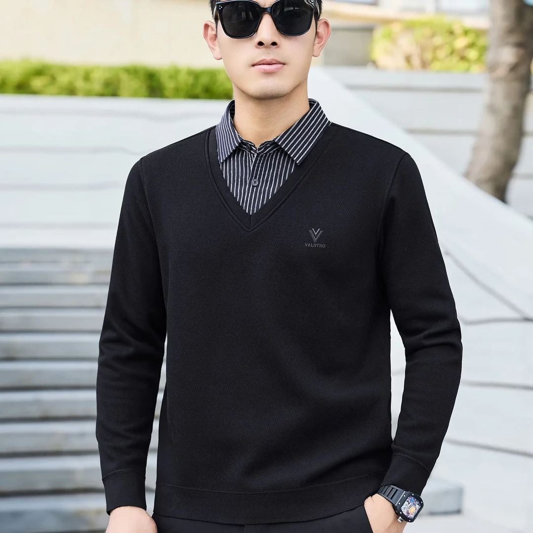 男士加绒加厚假两件保暖毛衣8823