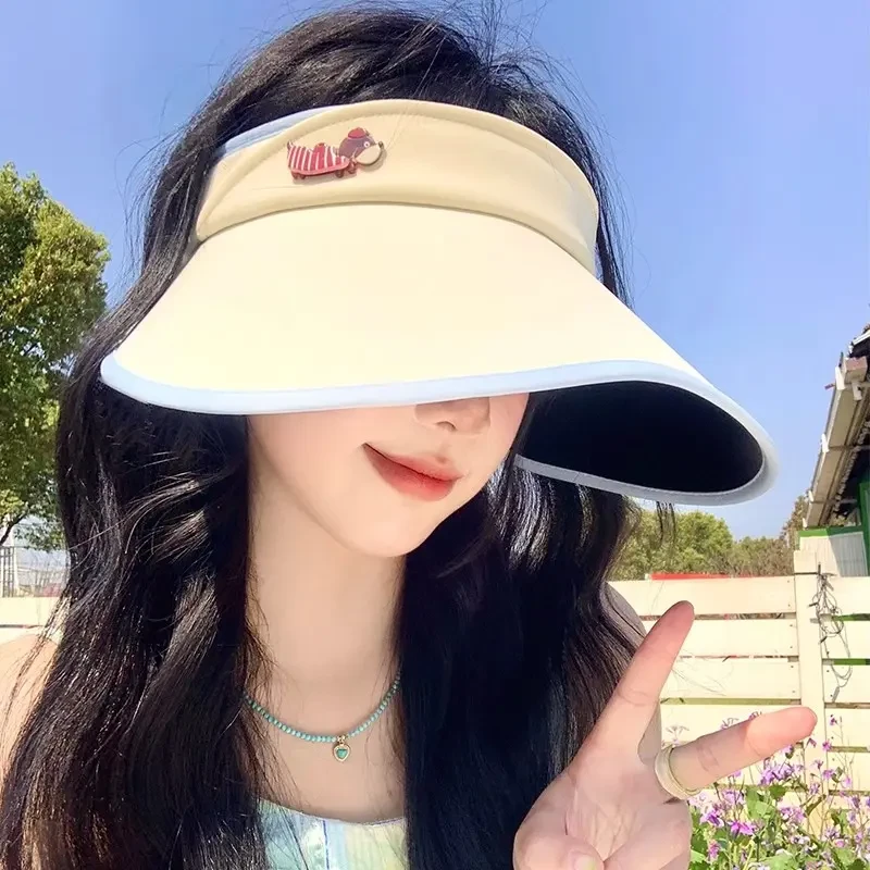 可爱小狗遮阳空顶帽女夏天新款大帽檐遮脸防晒帽防紫外线帽子可爱
