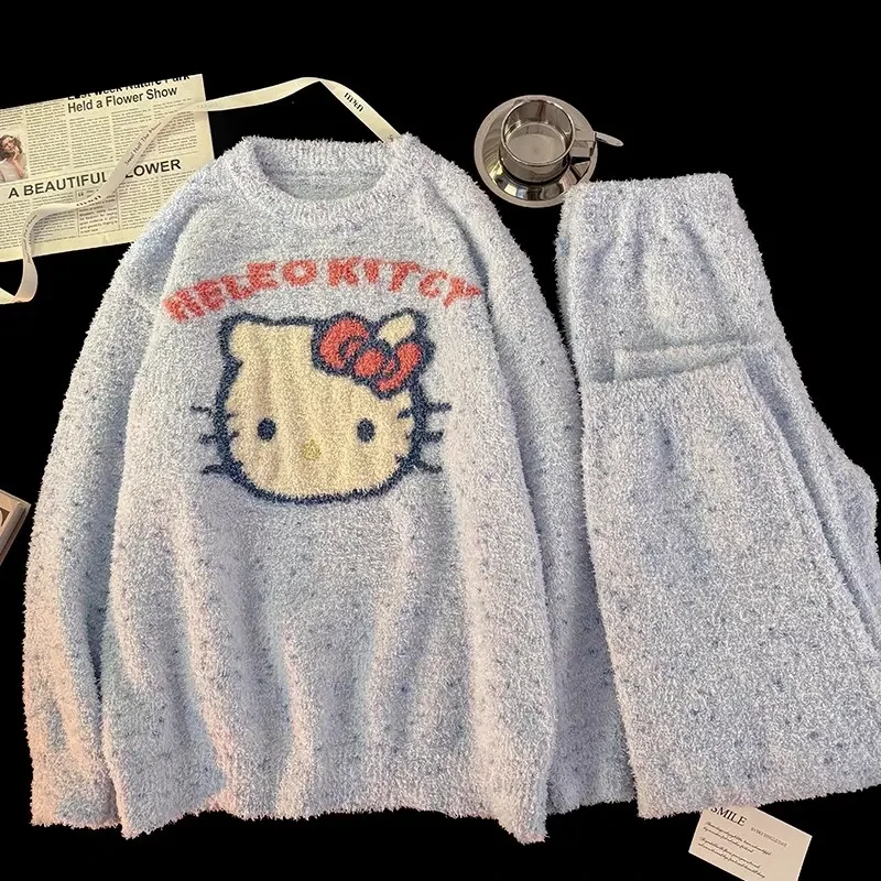 【樱桃专属】卡通凯蒂猫睡衣女加绒加厚秋冬季珊瑚绒家居服半边绒