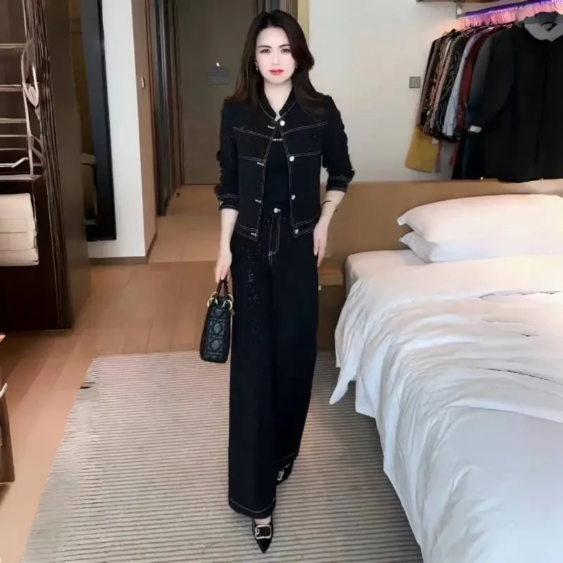 时尚牛仔套装女春秋洋气减龄显瘦圆领细闪短外套高腰阔腿裤两件套