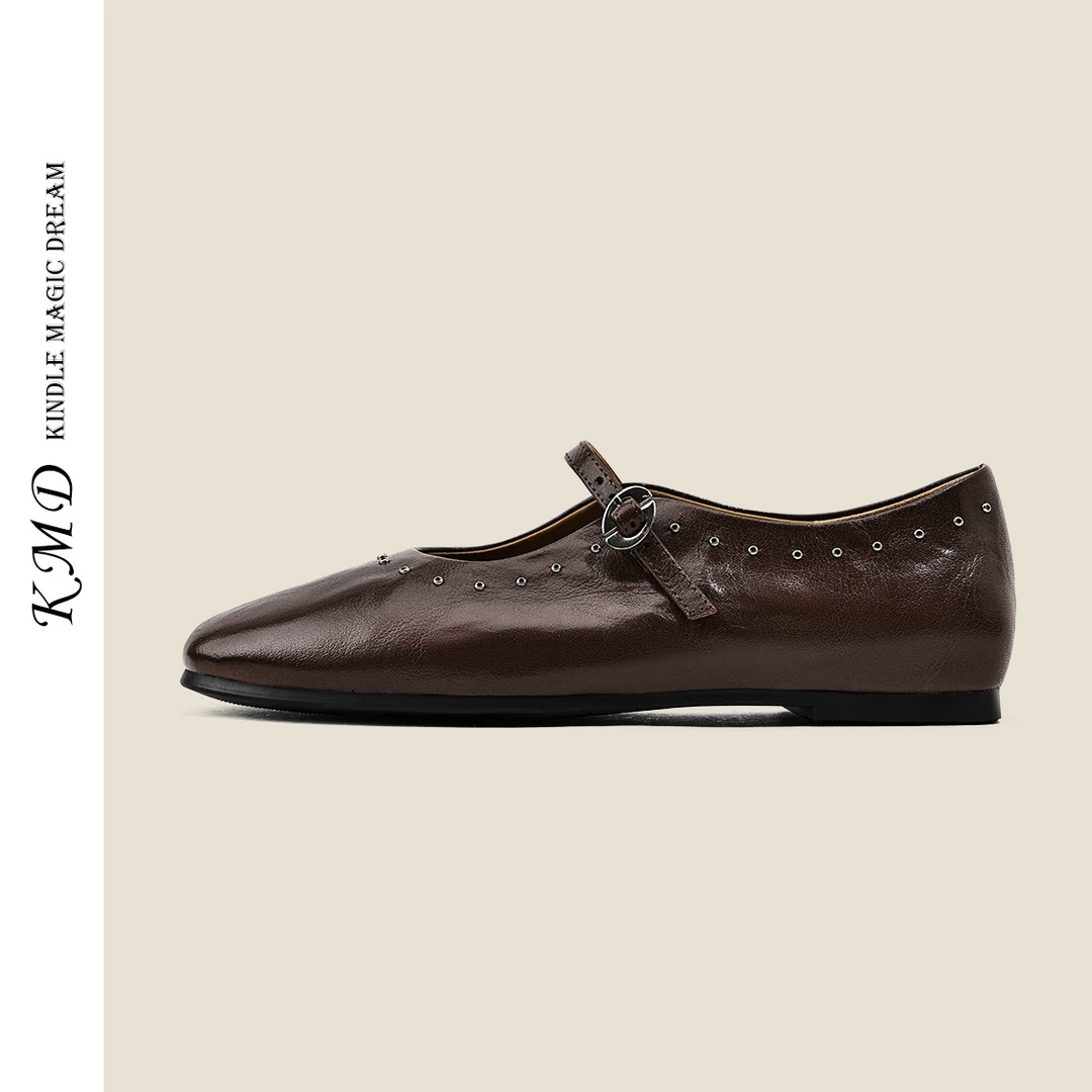 KMD 2025秋季新款法式方头小皮鞋女复古真皮玛丽珍鞋浅口软底单鞋