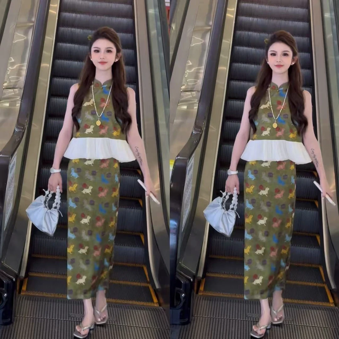 （云间玉兔）复古新中式气质优雅立领动物提花上衣裙子两件套