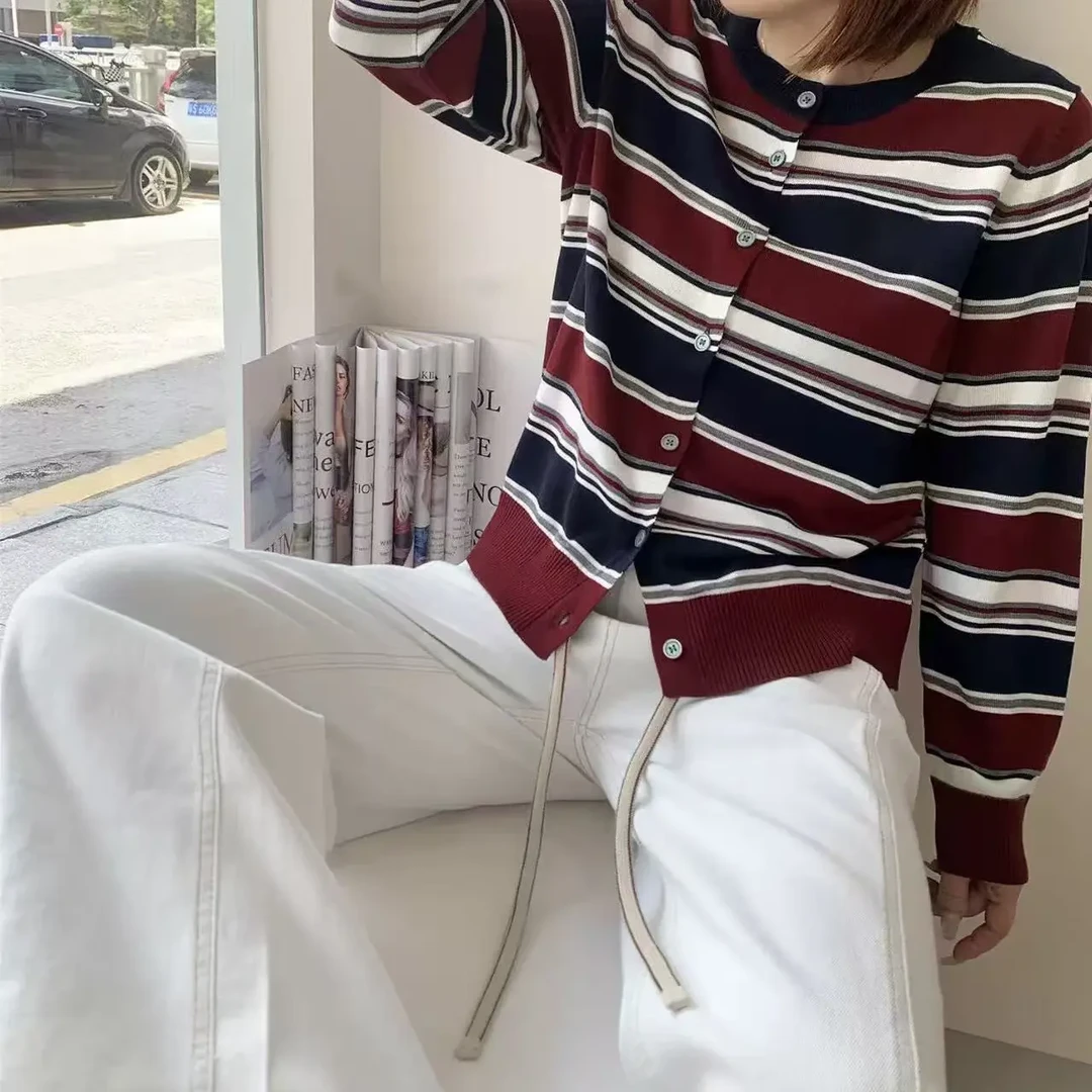 2025秋冬条纹圆领针织韩系格纹提花刺绣针织衫
