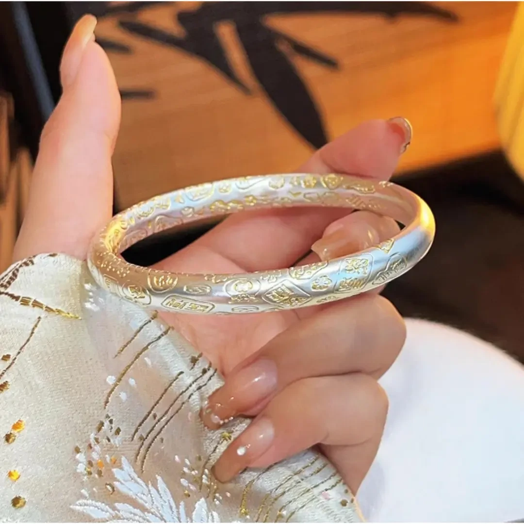 足银手镯 描金吉言招财猫纯银手镯实心足银999手镯心七夕送女友