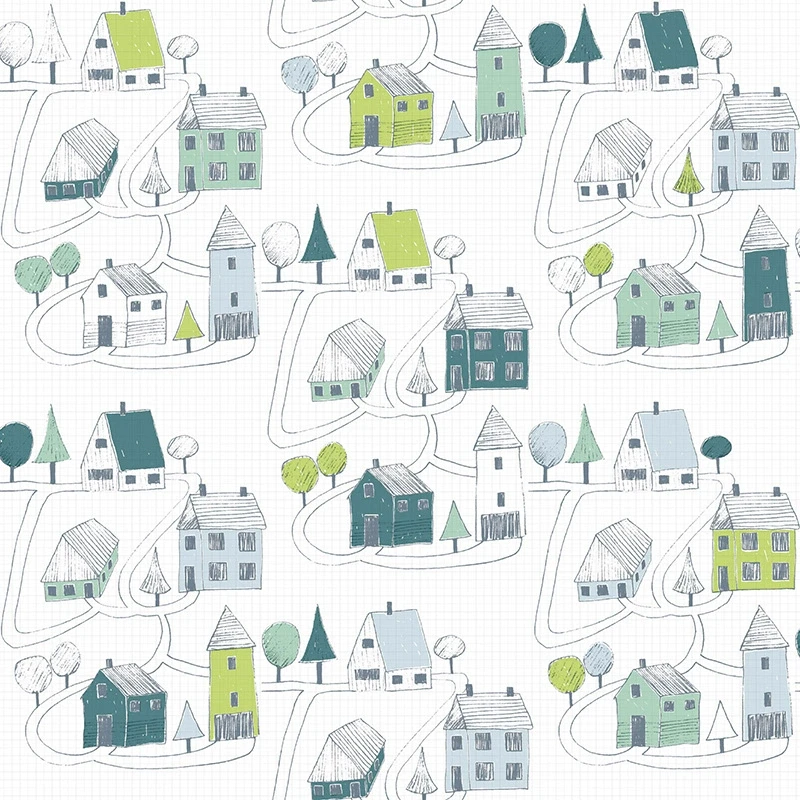 美国约克纯纸环保现货现代简约建筑房子卧室儿童房床头背景墙壁纸