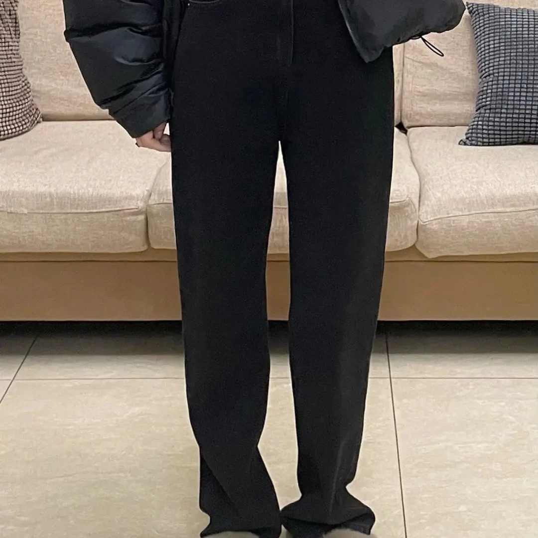 黑色高腰加绒宽松直筒阔腿牛仔裤女秋冬洋气减龄