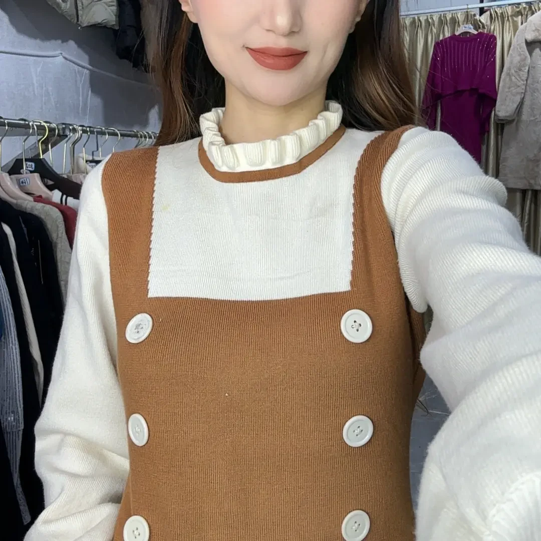 小香风法式针织假两件连衣裙春秋季收腰显瘦小个子气质毛衣裙