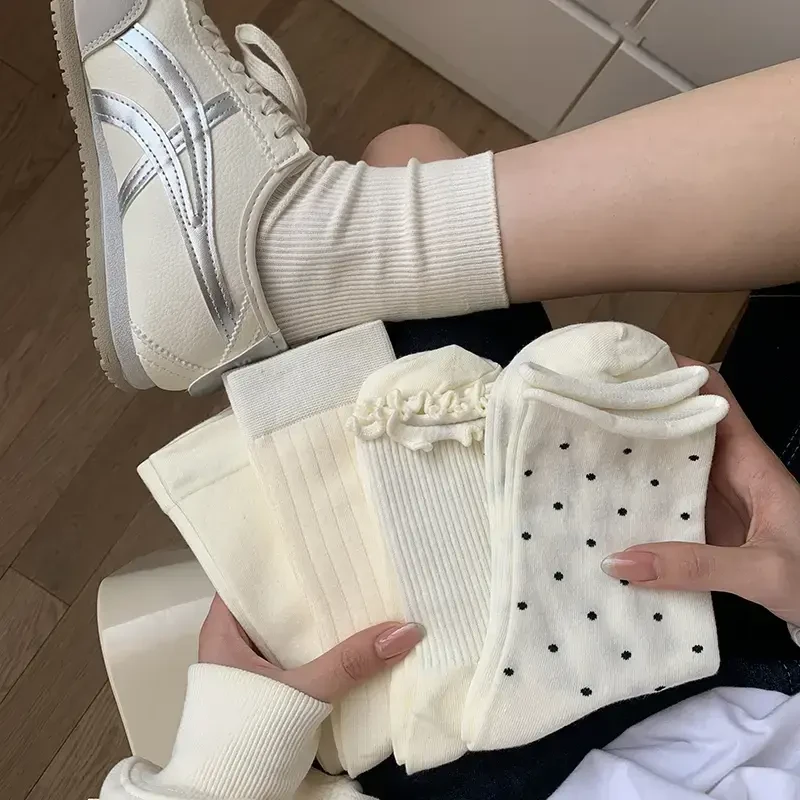 奶白色中筒袜春夏薄款百搭纯色堆堆袜长袜韩版波点木耳边月子袜女