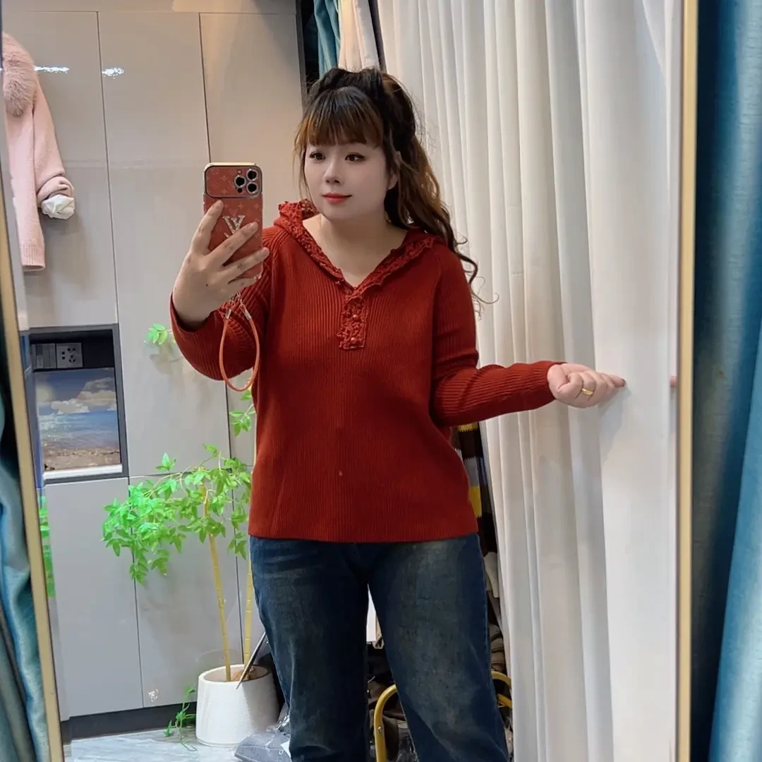 3092红色连帽针织衫女秋冬韩系大码显瘦减龄圣诞氛围感毛衣上衣
