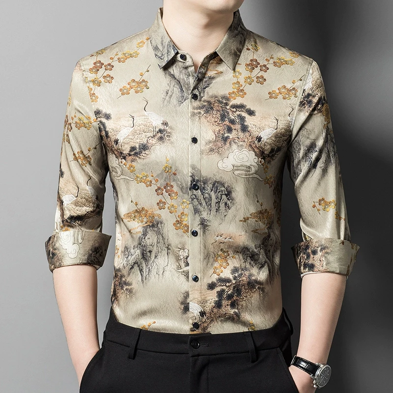 印花长袖衬衫男商务休闲寸衫上衣2025秋季新款高级山水画男装衬衣