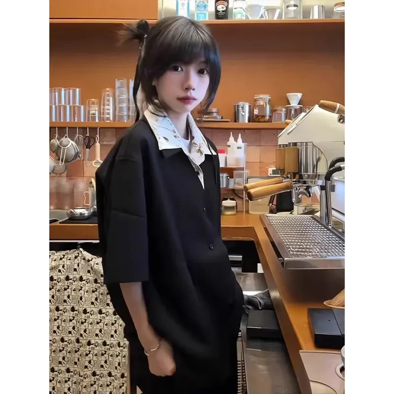 亚麻花领假两件短袖衬衫男款夏季老钱风翻领衬衣cleanfit情侣上衣