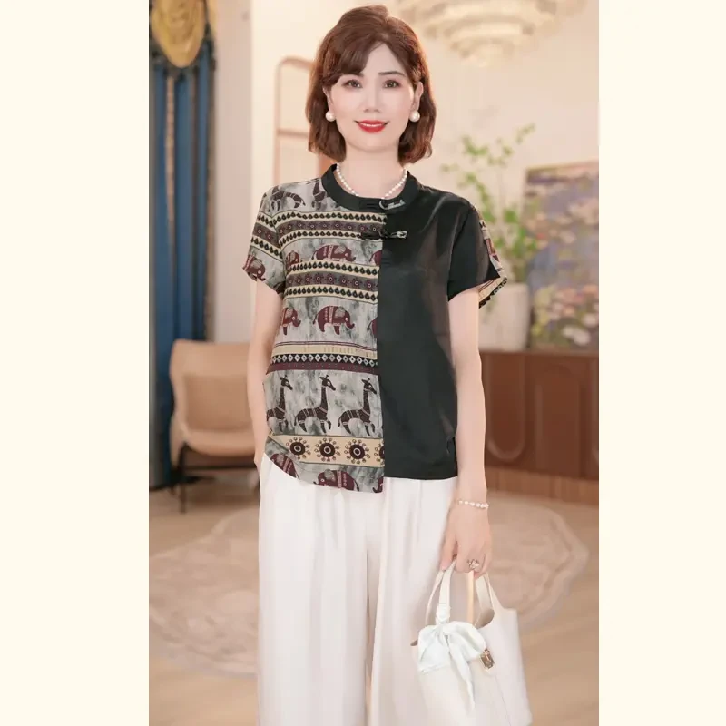 2025新中年妈妈夏季时尚上衣服洋气中老年女装上衣套装宽松减龄