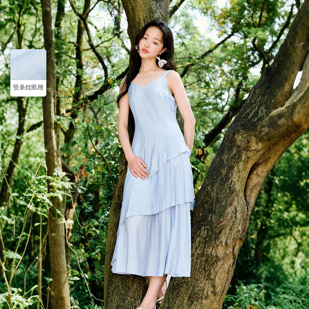 茵曼欧若风荷叶边吊带连衣裙2025夏季女装新款显瘦肌理收腰裙子