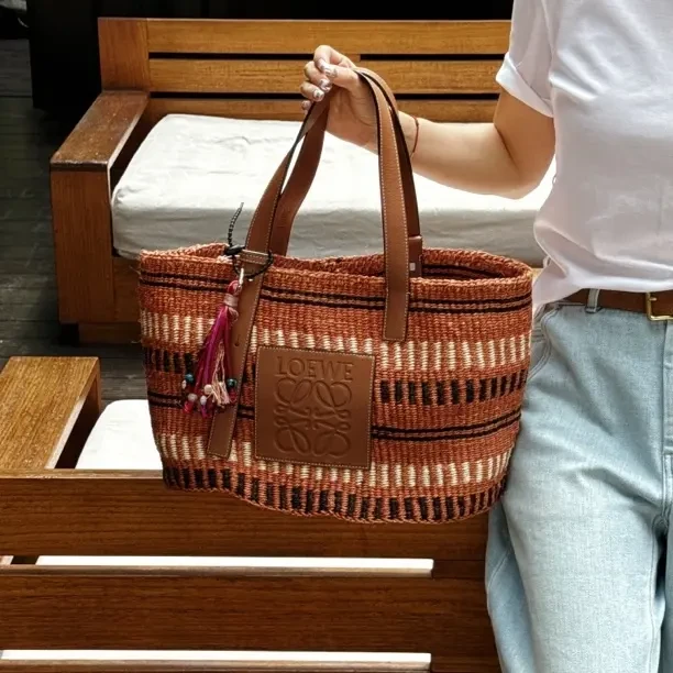 95新 LOEWE/罗意威 發發中古·拼色草编拼皮托特单肩包