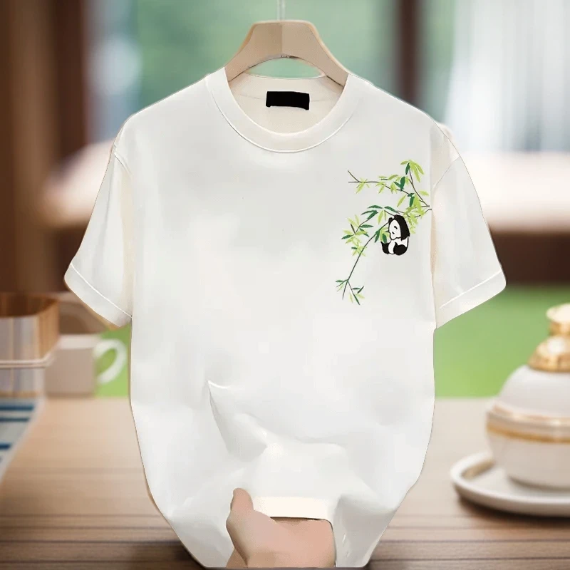 仓石一树国潮熊猫刺绣短袖T恤男士夏季潮流新款百搭简约宽松体恤