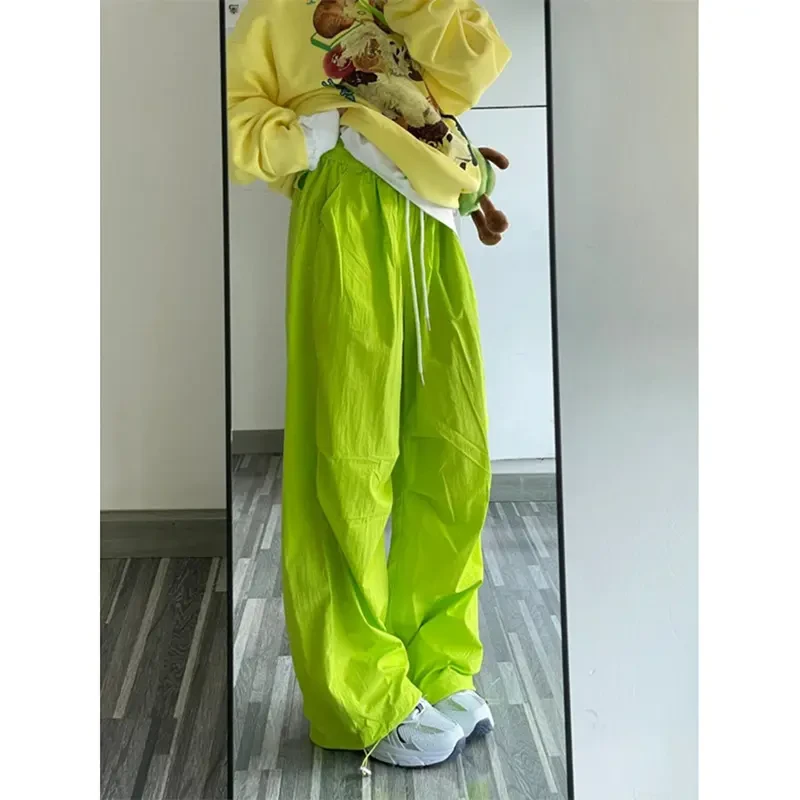 荧光绿冰丝速干裤男夏季多巴胺穿搭裤子潮牌美式hiphop阔腿工装裤