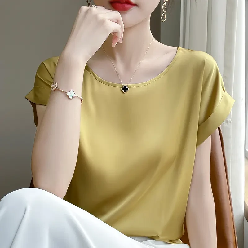 100%真丝圆领小飞袖百搭T恤女士时尚短袖