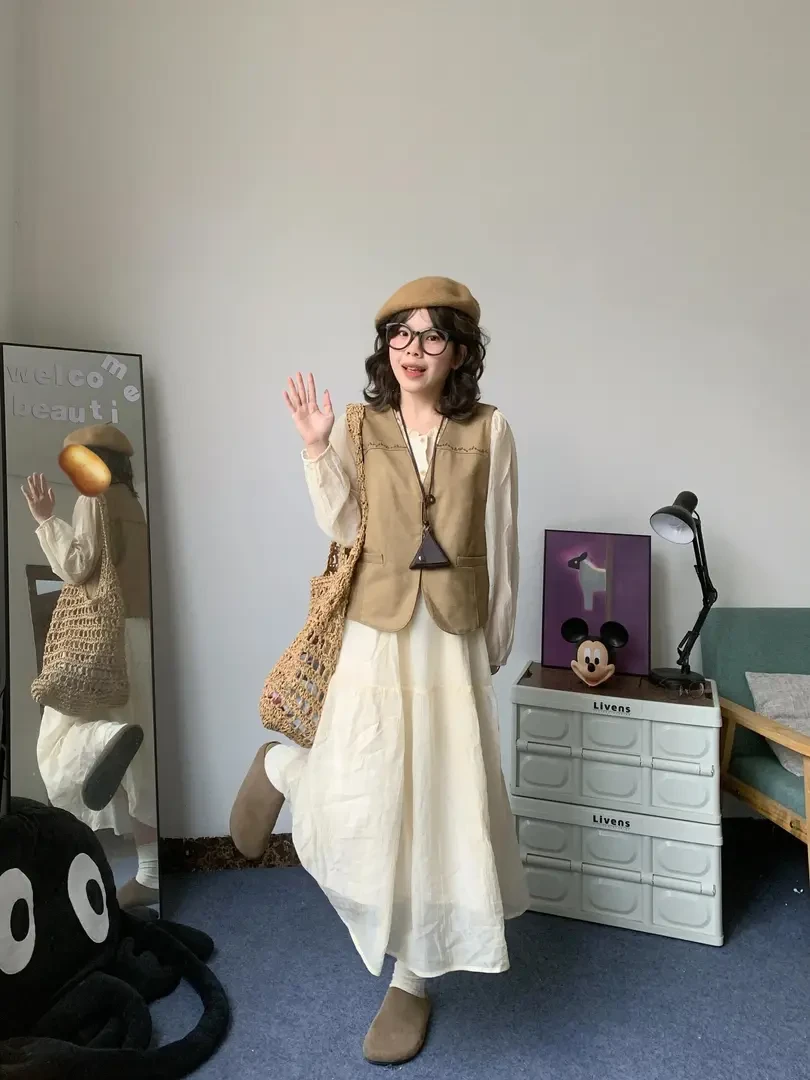 2025秋季新款复古港风穿搭气质无袖马甲上衣显瘦长袖连衣裙两件套