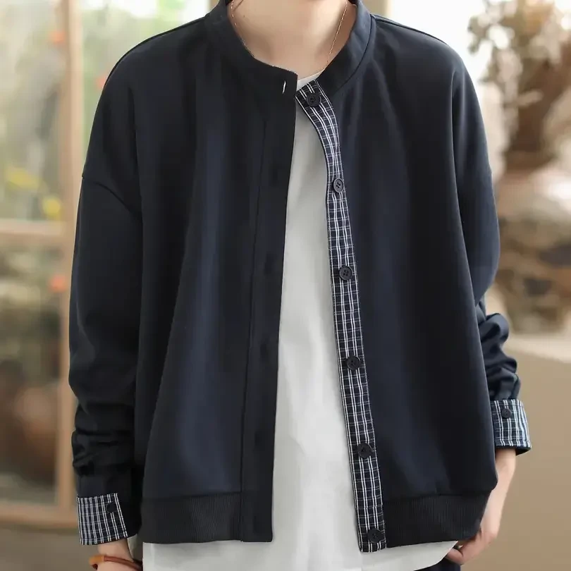 春秋季外套女纯色新款复古原创文艺简约宽松拼接圆领显瘦女装上衣