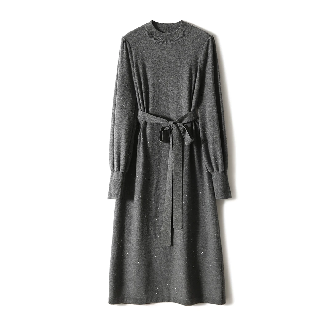 ZQR667049VG 法式羊毛羊绒细闪针织半高领腰带中长款连衣裙冬新款