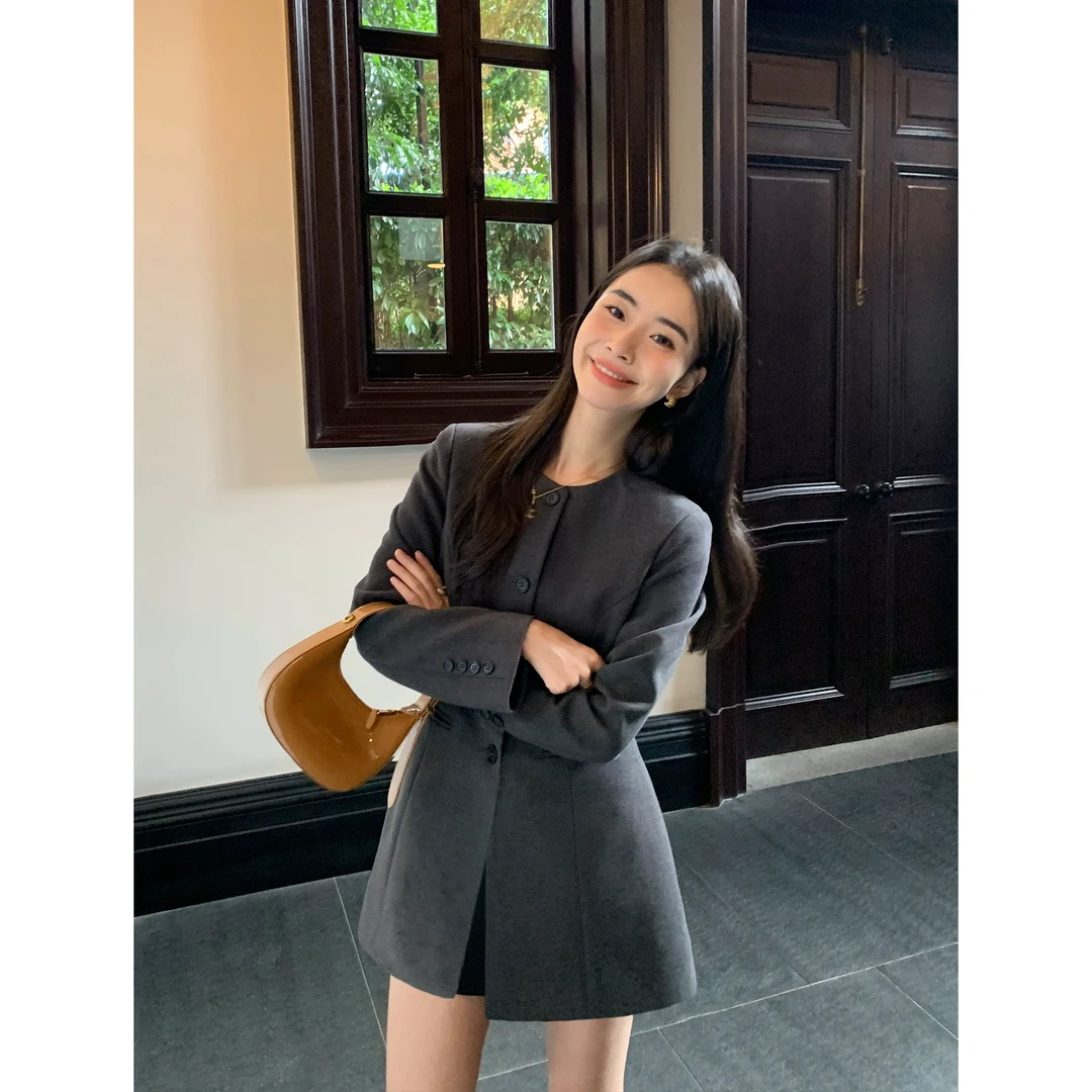 pusumede黑色圆领收腰西装毛呢外套女秋冬新款高级感气质通勤上衣