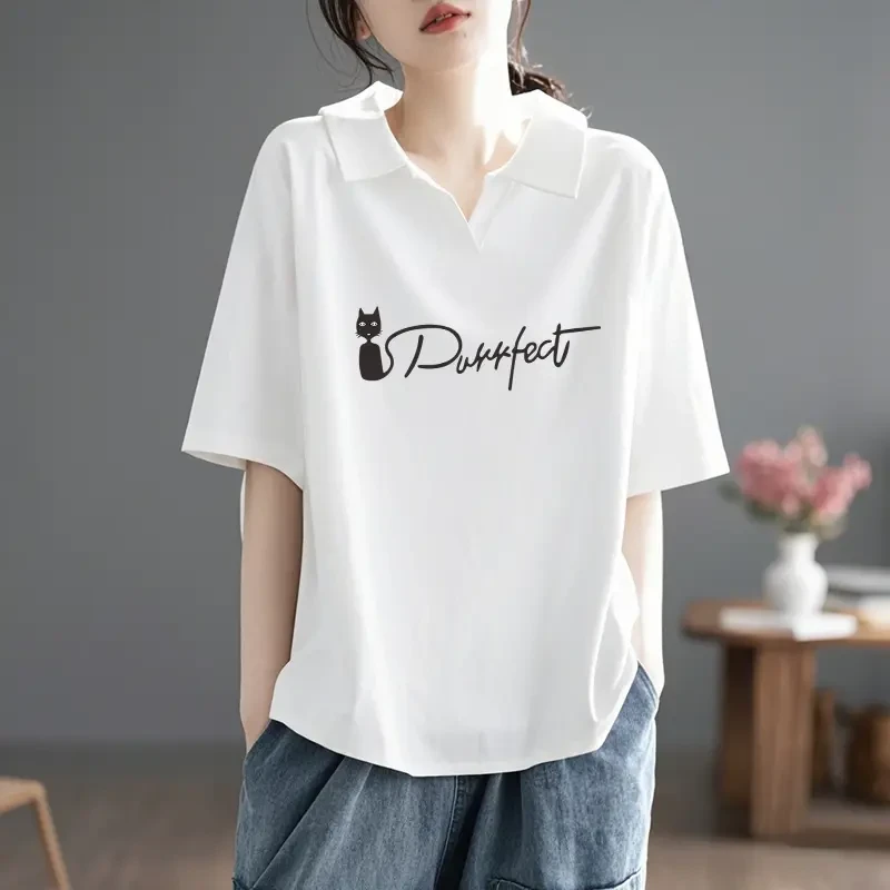 欧货纯棉白色短袖T恤女夏2025新款宽松显瘦polo领百搭打底衫上衣