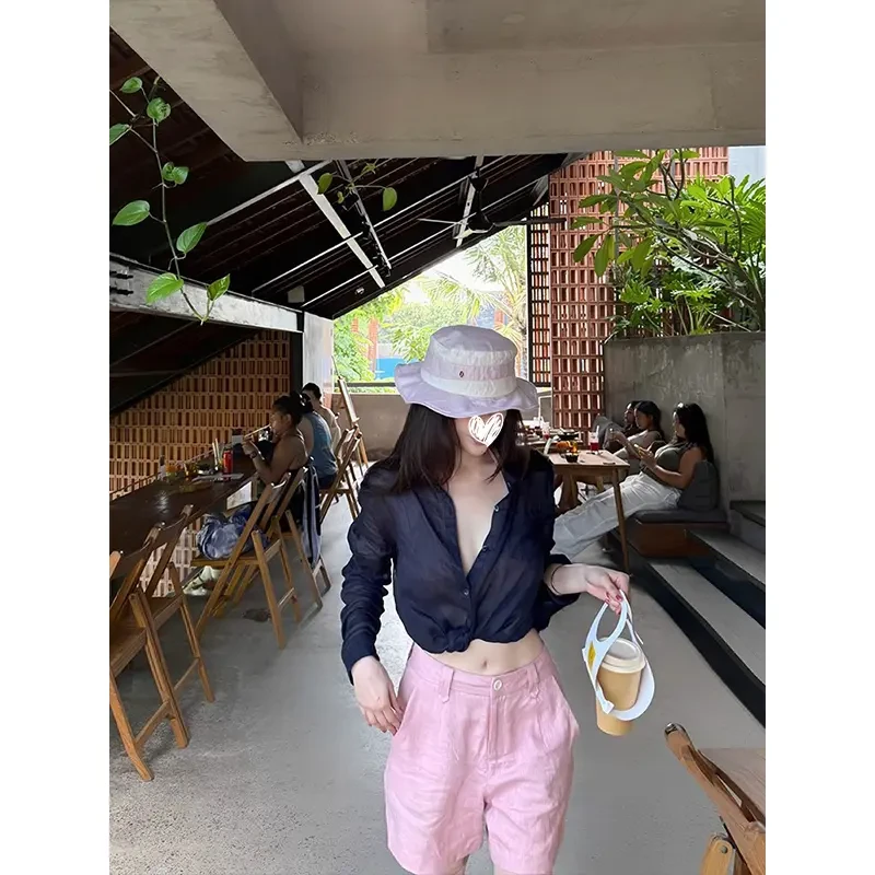 纯欲慵懒风女装夏季宽松长袖衬衫上衣高腰显瘦百搭时尚休闲短裤