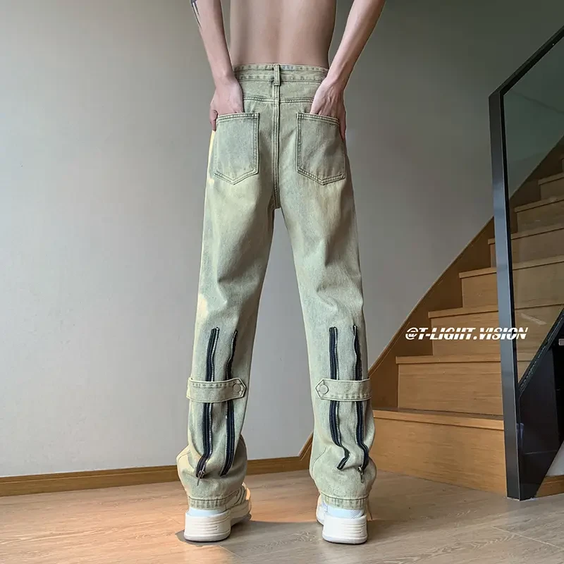 2023拉链黄泥染牛仔裤男春夏美式复古爆款感痞帅炸街宽松直筒2025