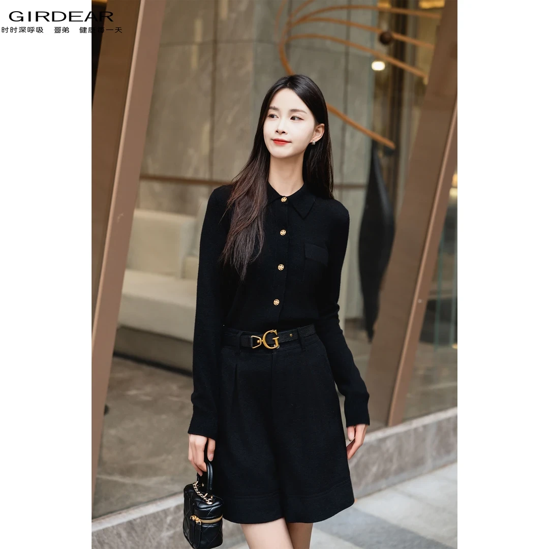 GIRDEAR/哥弟新款纯羊绒长袖星光扣设计老钱风厚针织开衫1499186