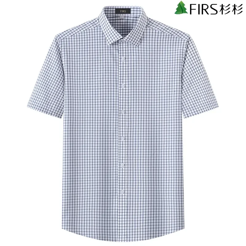 【100支液氨免烫】杉杉男士夏季格子短袖衬衫中老年薄款正装衬衣男