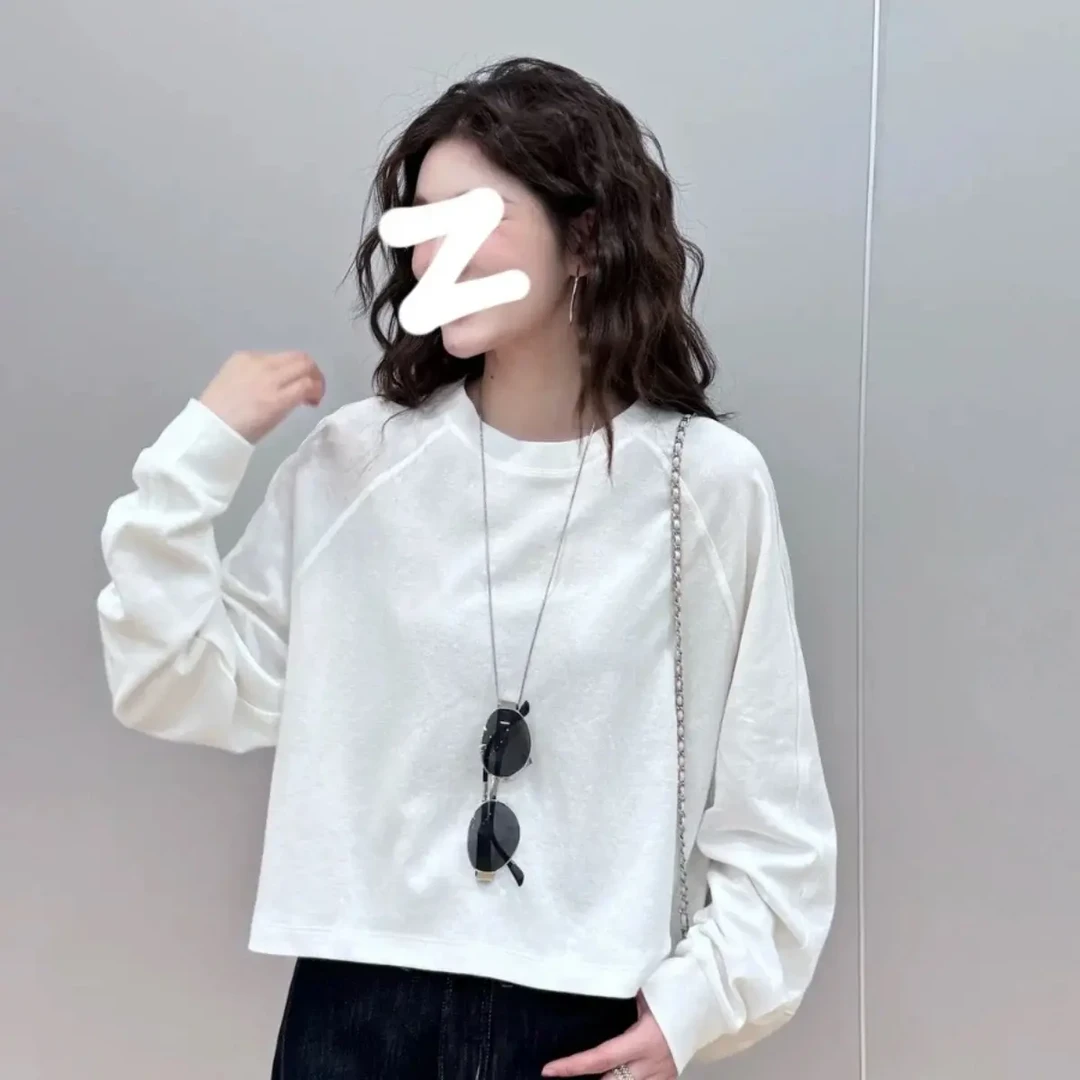 【艾美派】长袖短款套头女上衣T恤百搭显瘦纯色宽松慵懒风韩版时尚