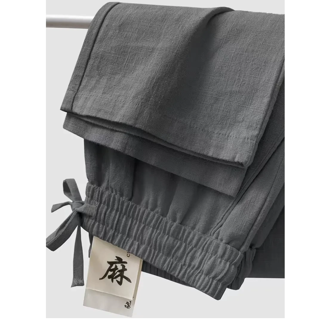 高端亚麻裤炭灰色棉麻裤子宽松直筒裤夏季薄款长裤男士垂感休闲裤
