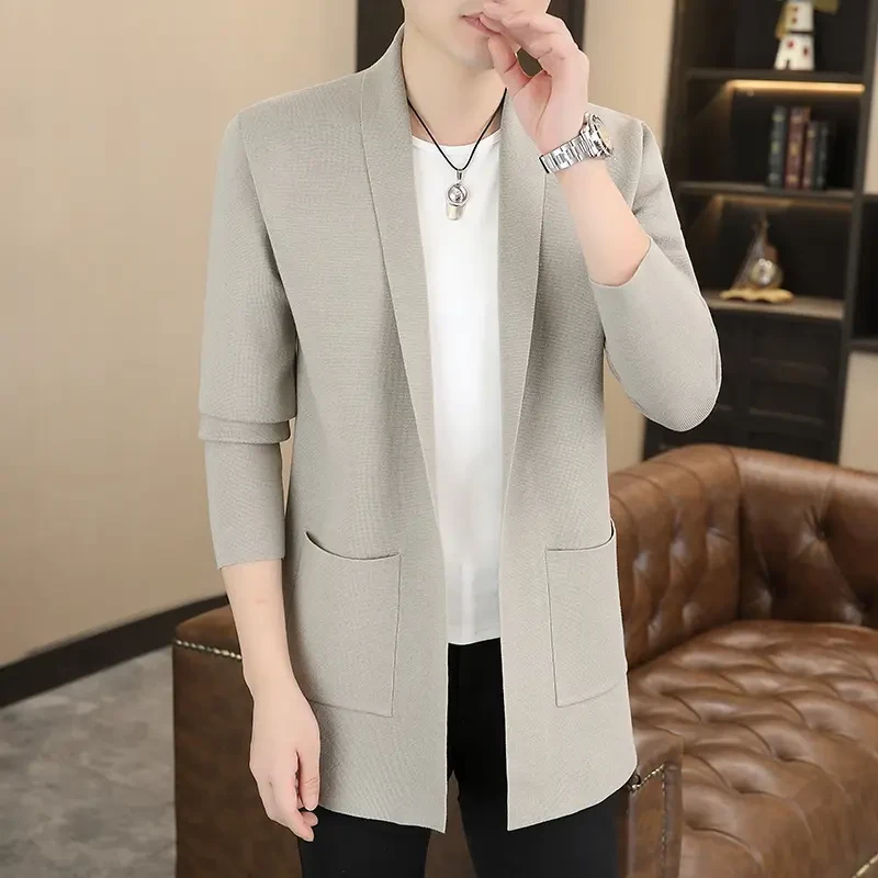 高档开衫男士外套中长款潮流帅气秋季针织衫洋气百搭外穿早秋风衣