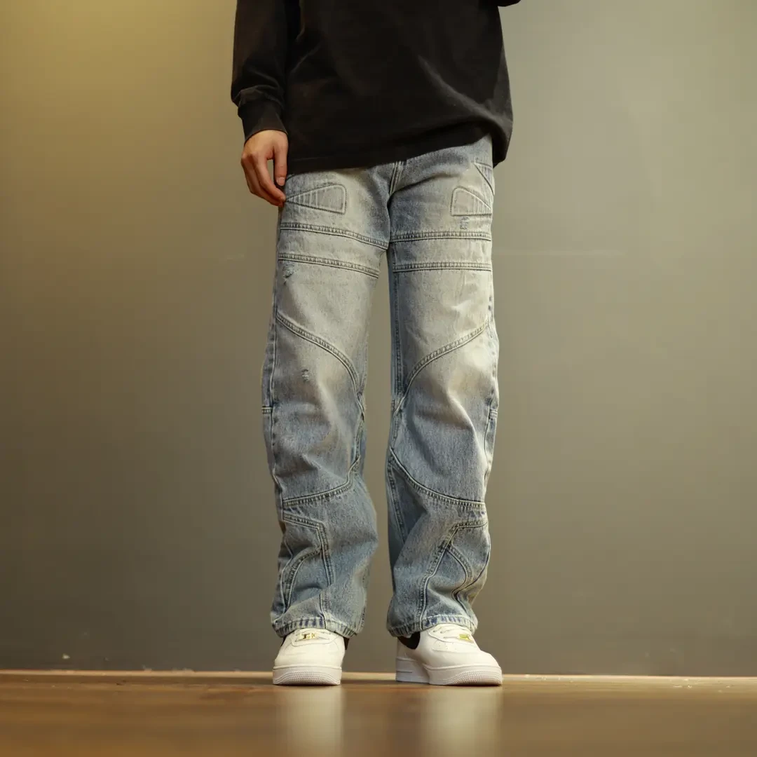 DSQCIFND2宽松拼接机能风洗水百搭休闲复古潮流刮烂个性牛仔裤646