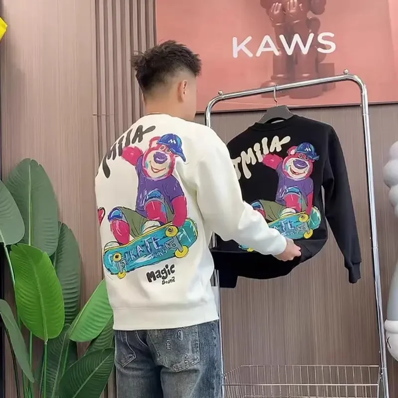 秋冬美式潮流时尚卡通印花圆领卫衣男士新款韩版宽松舒适长袖上衣