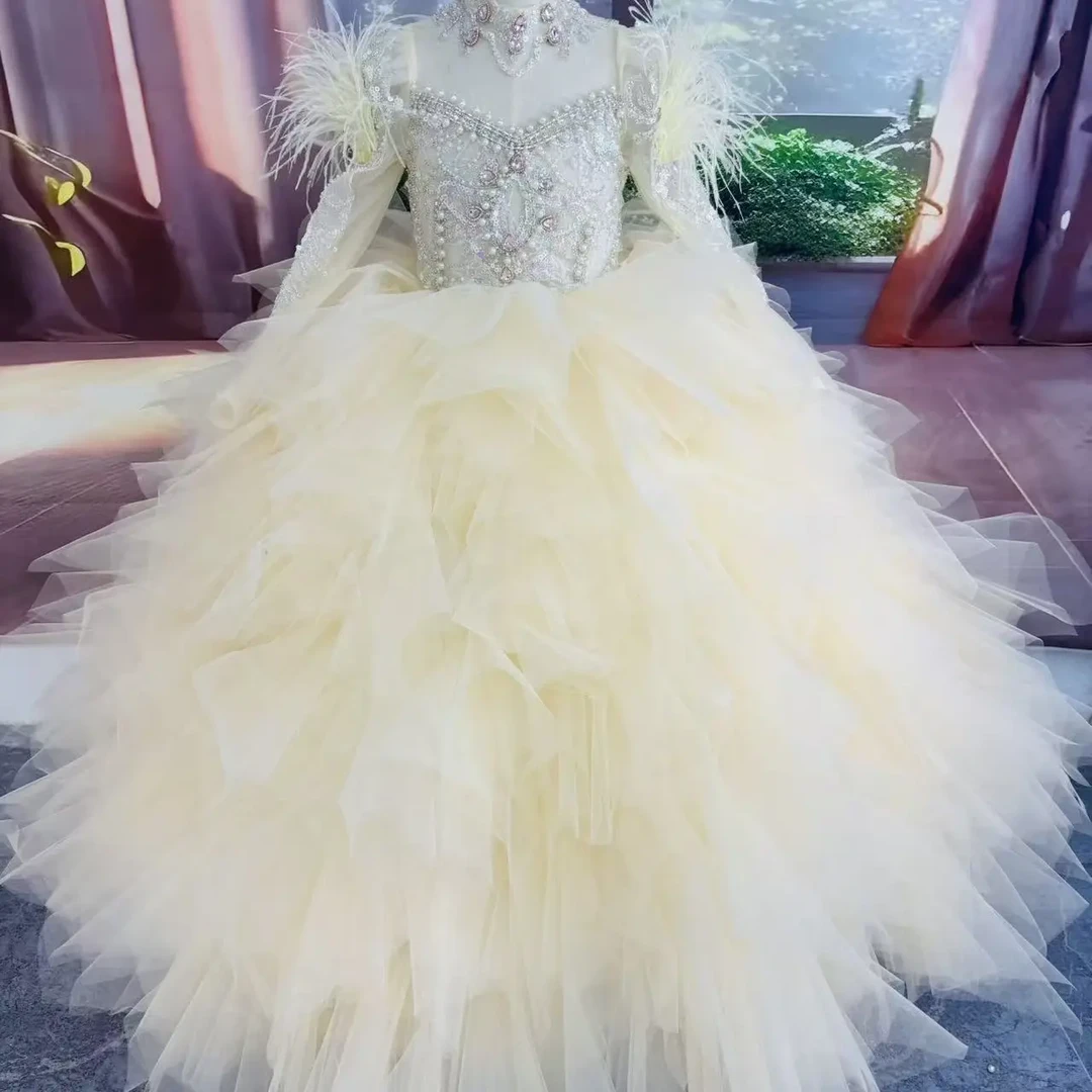 粉色高端女童公主裙生日走秀主持钢琴演奏花童宴会演出服