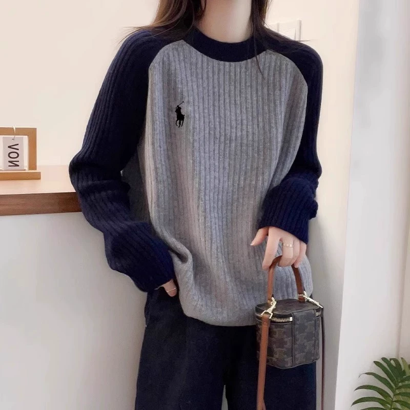 羊范秋冬新款山羊绒衫女士圆领拼色插肩袖刺绣毛衣宽松百搭针织衫