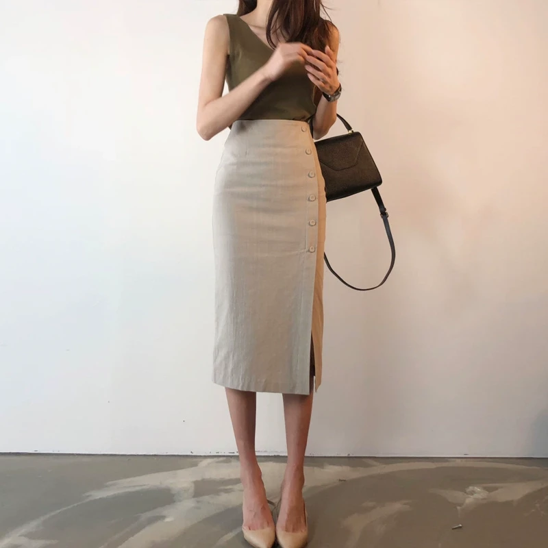 开叉半身裙女2025新款春夏中长款高腰包臀半裙气质一步裙子女